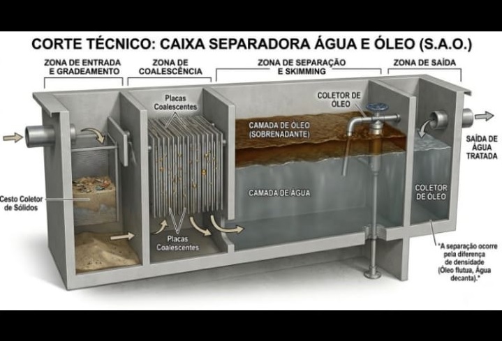 Corte expondo parte interna de uma caixa separadora de água e óleo